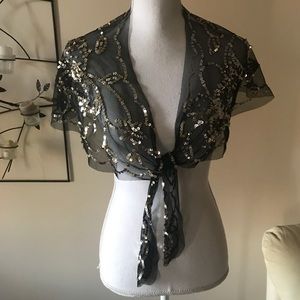 BCBG Sheer Black Wrap Tie Capelet with Sequin Detail One Size Evening